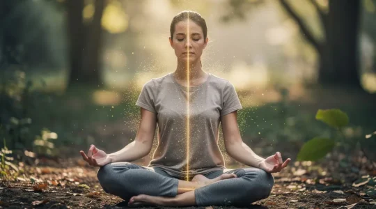 Personne méditant dans la nature avec énergie lumineuse visible autour du corps