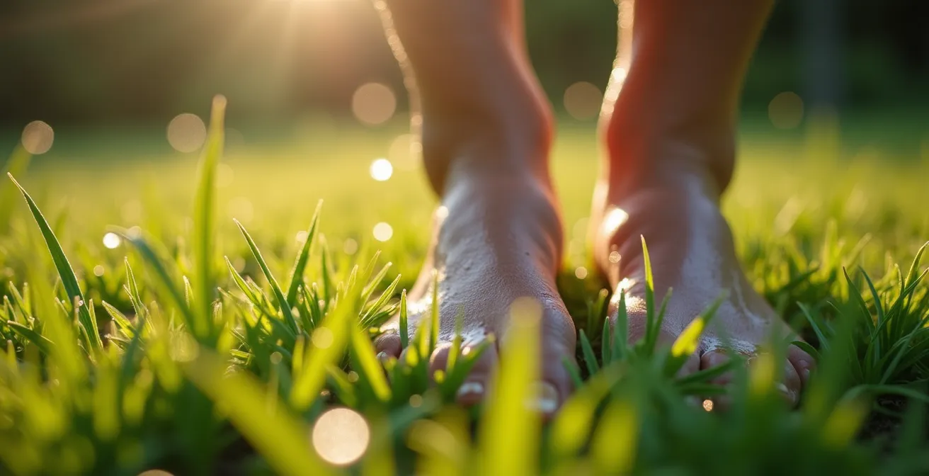 Pieds nus marchant sur l'herbe humide du matin avec rosée