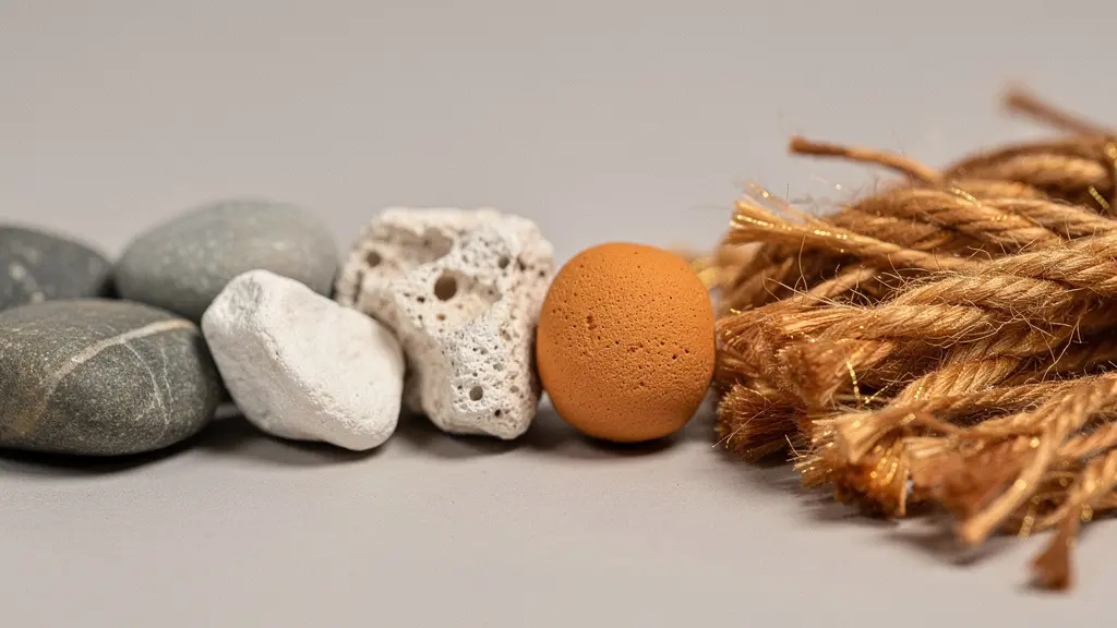 Gros plan macro de petits objets naturels alignés par intensité de couleur et de texture, suggérant une mesure progressive de l’énergie ressentie au fil des tâches d’une semaine de travail.