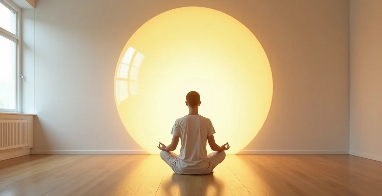 Personne méditant entourée d'une sphère de lumière protectrice dorée