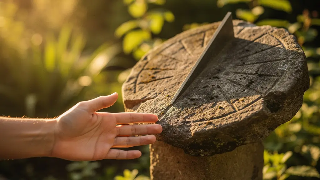 Cadran solaire ancien en pierre baigné d'une lumière rasante dorée, symbolisant la relation entre le temps de naissance et l'Ascendant astrologique