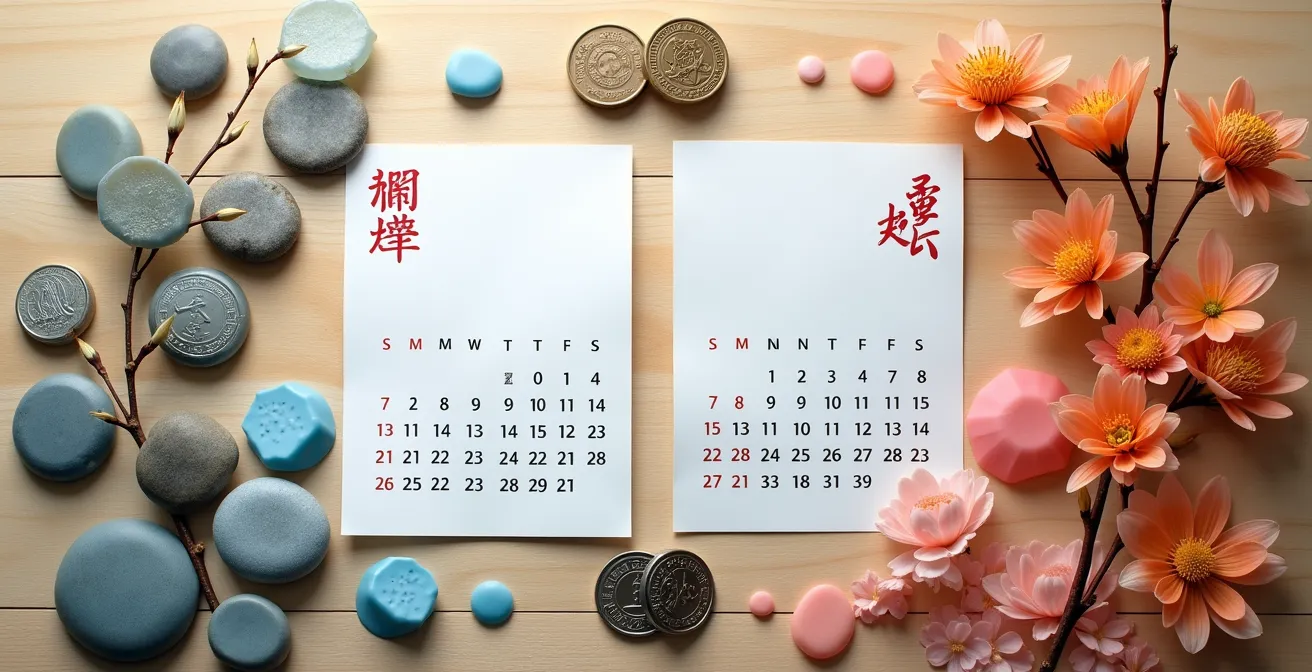 Calendrier montrant la différence entre le Nouvel An lunaire et le début de l'année solaire Li Chun, avec symboles des éléments en transition