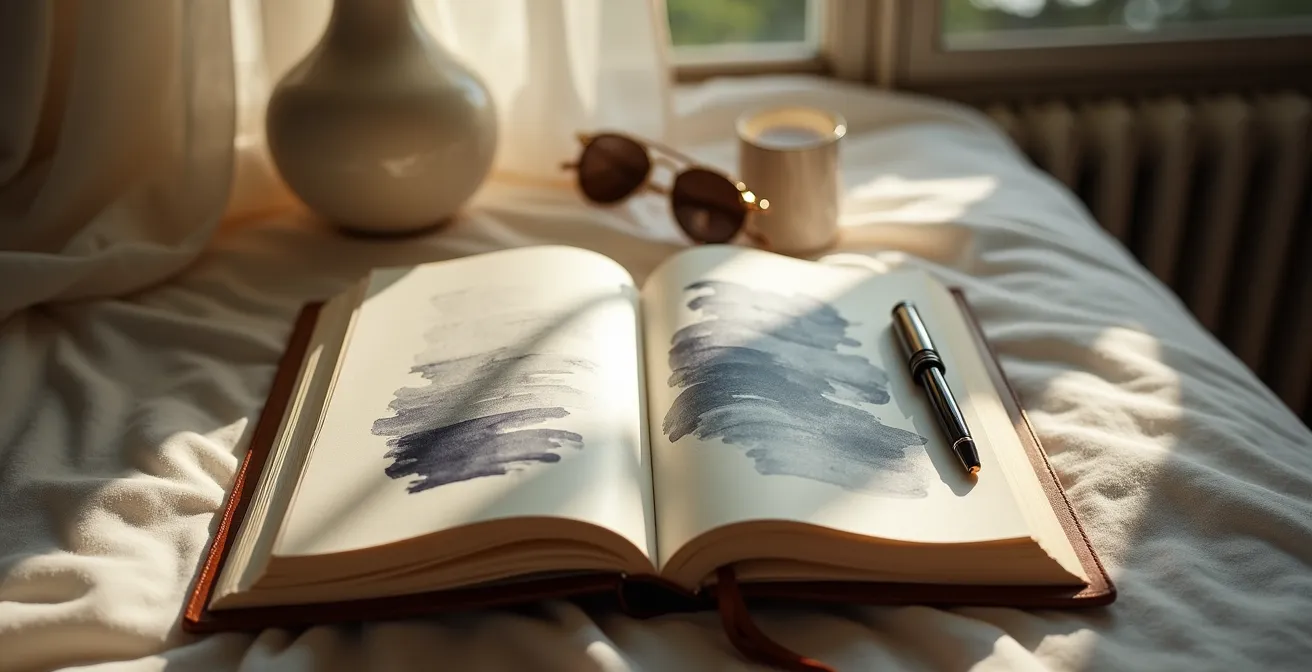 Carnet de rêves ouvert sur une table de nuit avec stylo plume dans une ambiance nocturne apaisante