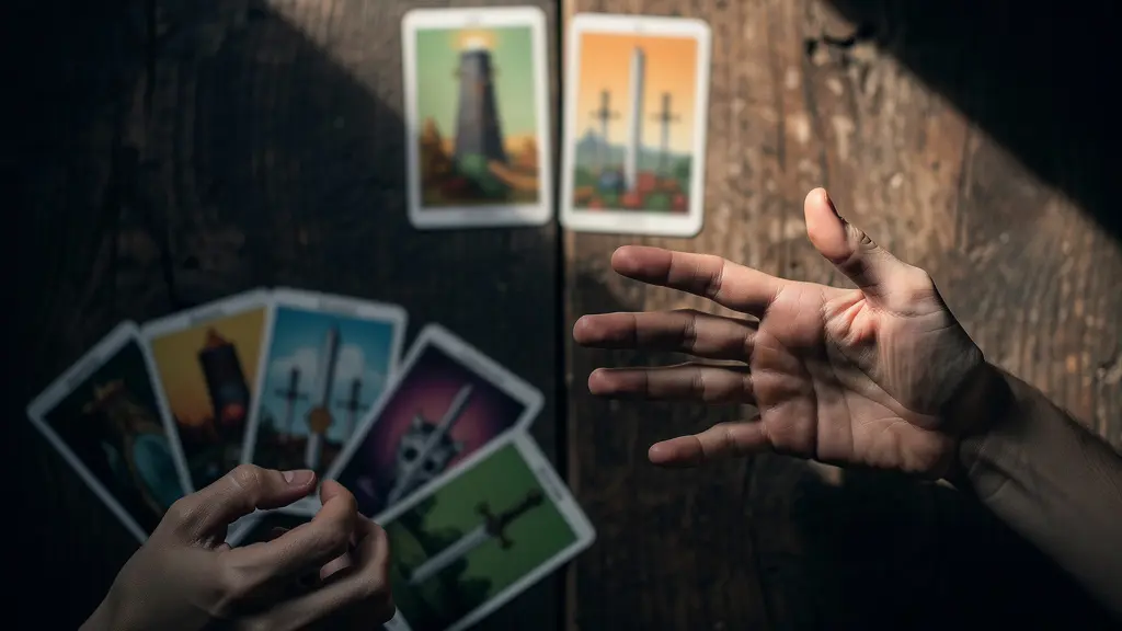 Composition artistique de cartes de tarot dispersées sur une table en bois avec des mains doucement posées, ambiance intime et contemplative