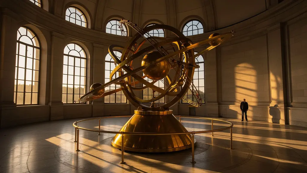 Représentation artistique d'un système planétaire avec une planète centrale dorée entourée d'orbites elliptiques