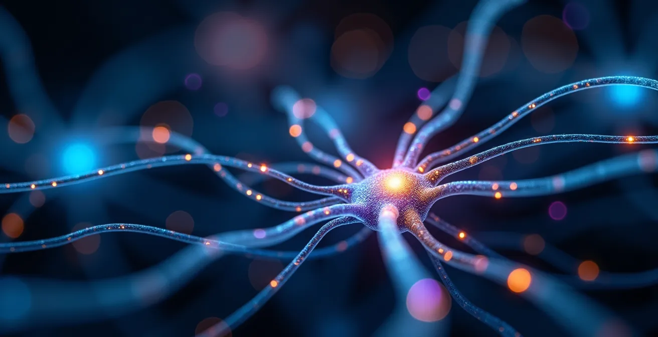 Visualisation abstraite du système de filtrage cérébral avec flux d'informations