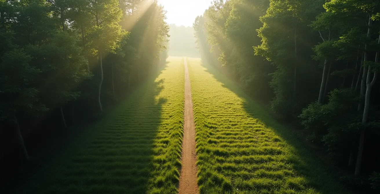 Vue aérienne d'un sentier naturel qui bifurque dans une forêt lumineuse, symbolisant les choix de vie