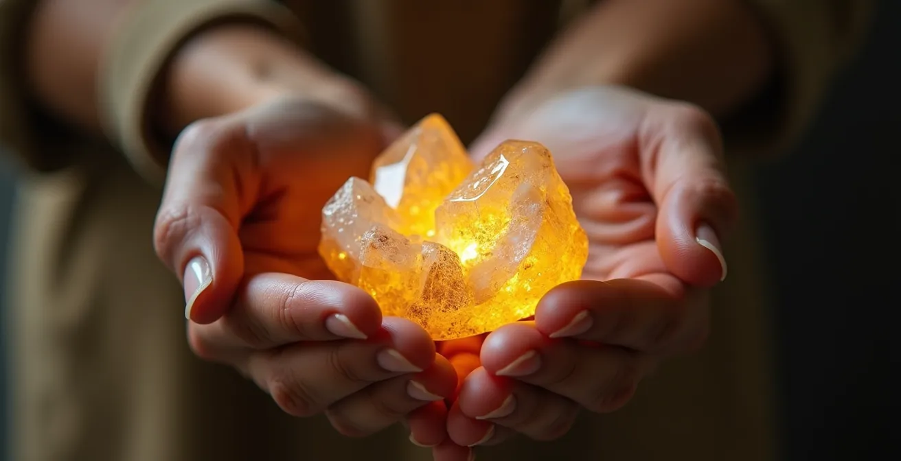 Mains tenant délicatement un cristal brisé d'où émane une douce lumière dorée