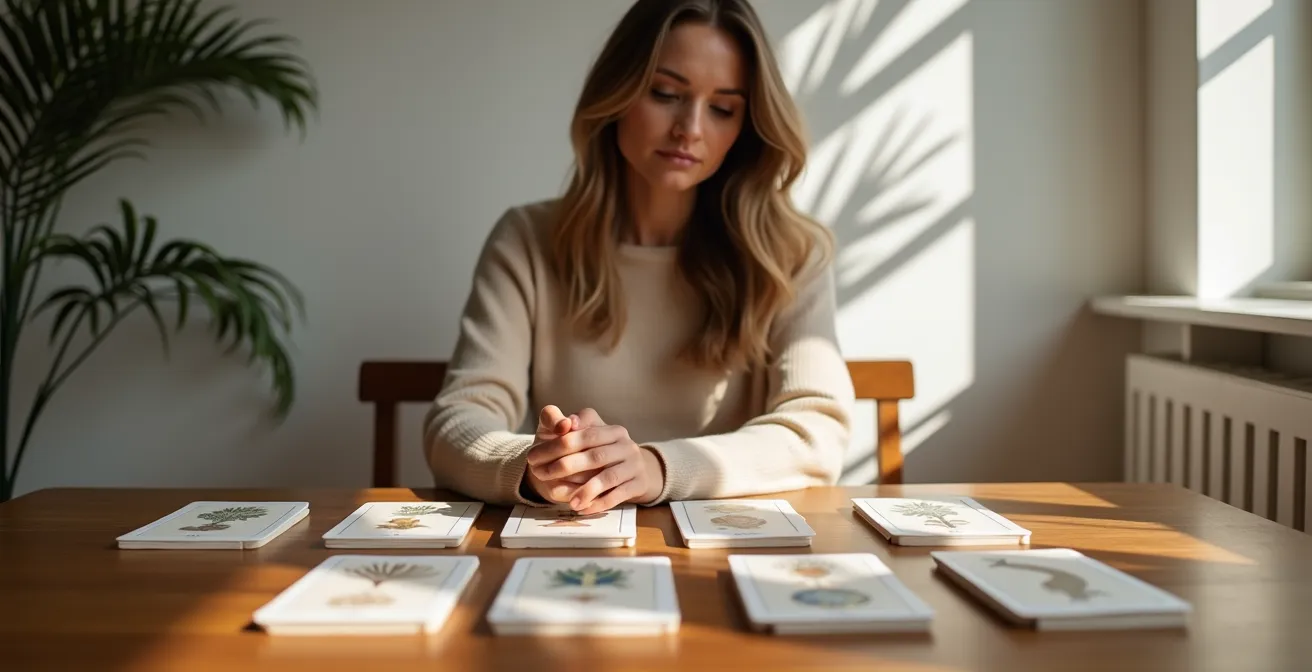 Personne contemplant différents jeux d'oracles disposés en demi-cercle sur une table en bois naturel