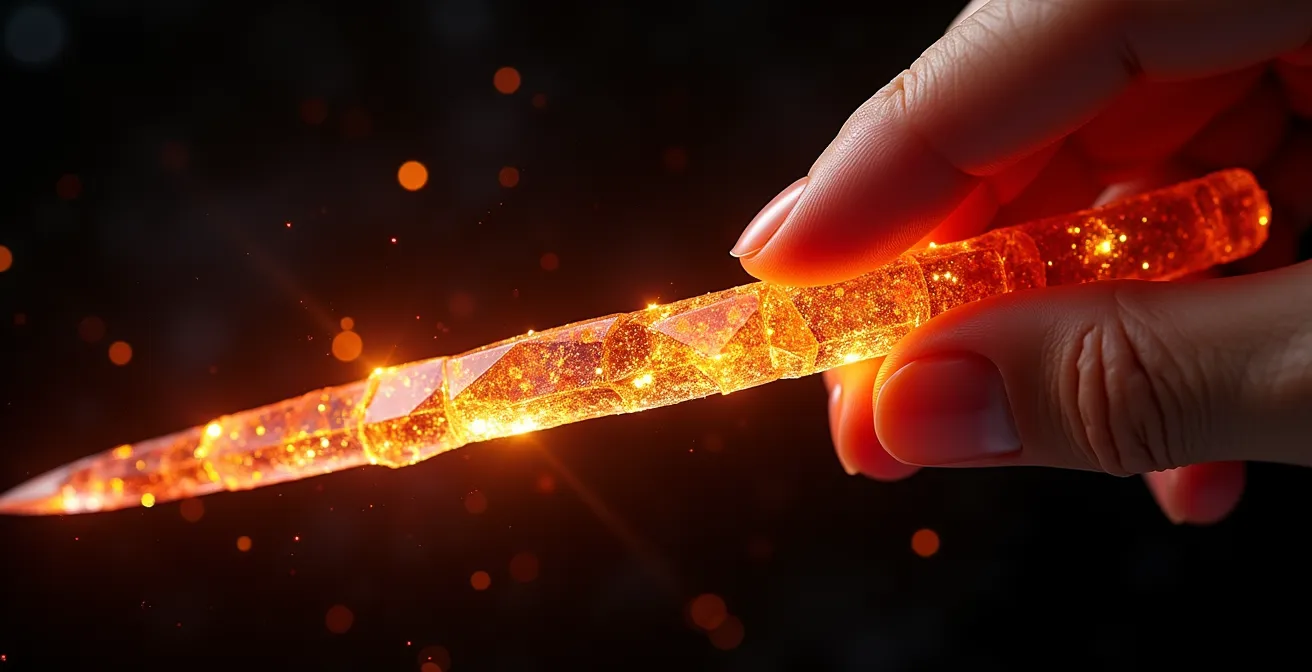 Main tenant une épée de cristal translucide avec énergie rouge transformée en lumière dorée