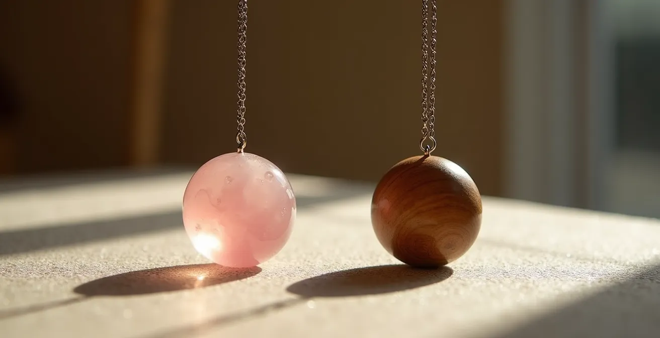 Deux pendules côte à côte, l'un en quartz rose et l'autre en bois d'olivier, sur surface naturelle