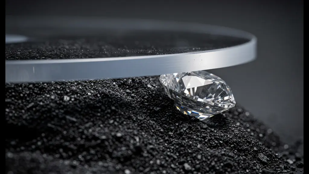 Gros plan macro d une texture de carbone et d un cristal facette, eclaire comme en studio pour evoquer la pression qui transforme.