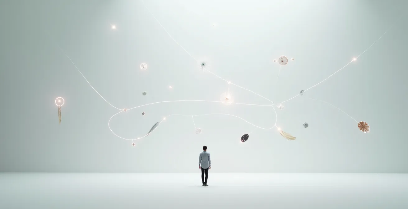 Réseau de connexions lumineuses symbolisant les liens acausaux dans l'univers