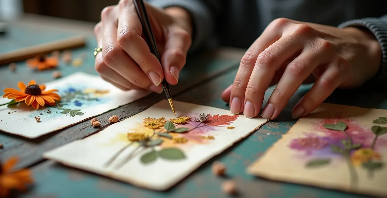 Gros plan macro sur des mains créant un oracle artisanal avec collages et matériaux naturels