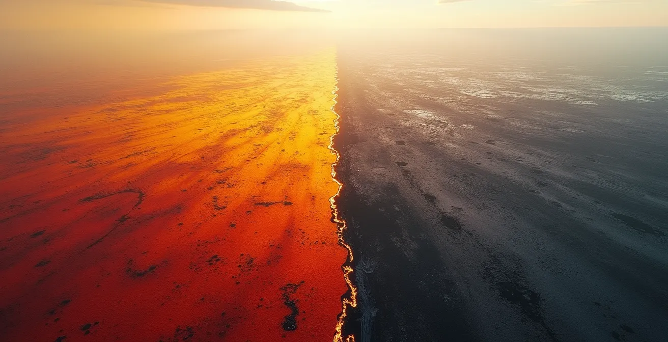 Vue aérienne d'un paysage montrant la progression du burnout comme un feu de forêt en quatre phases