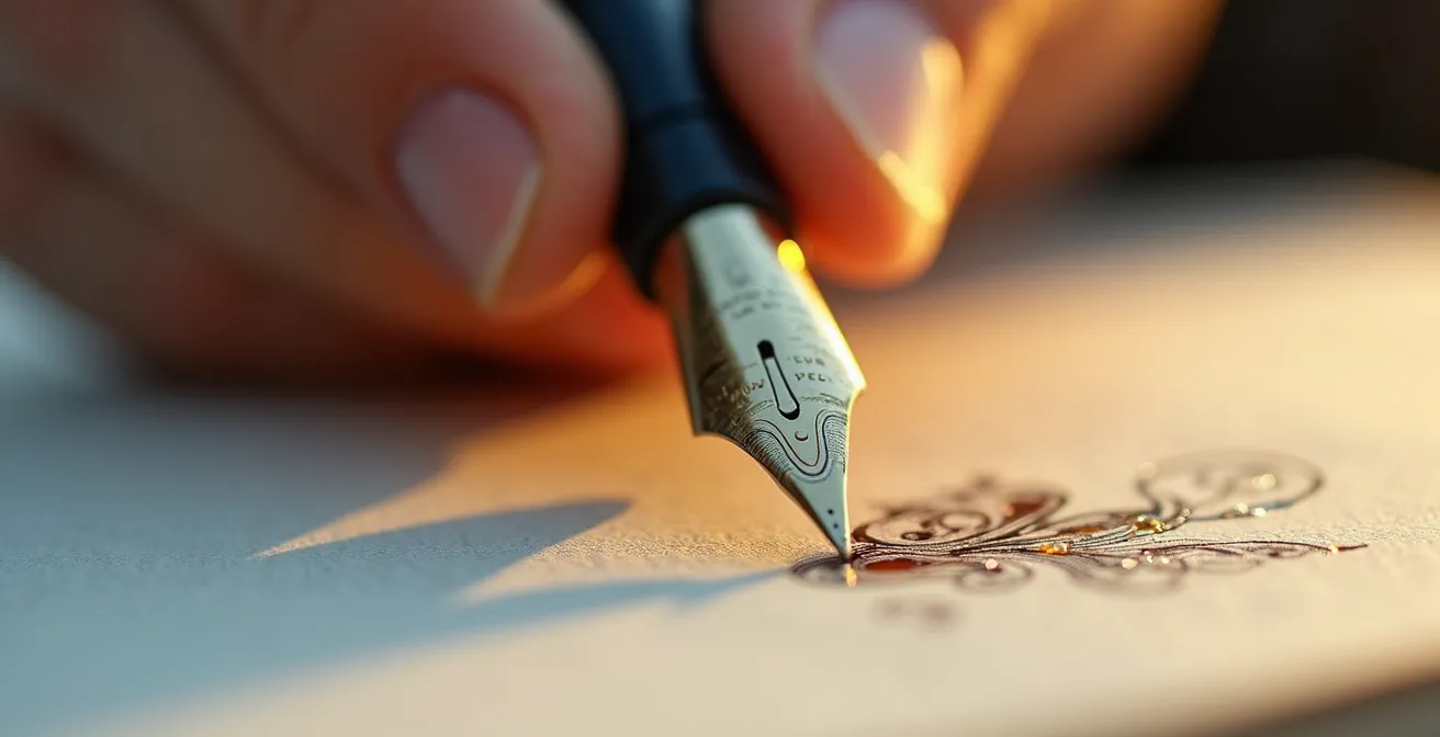 Mains tenant un stylo plume au-dessus d'un carnet avec mouvement flou suggérant l'écriture automatique