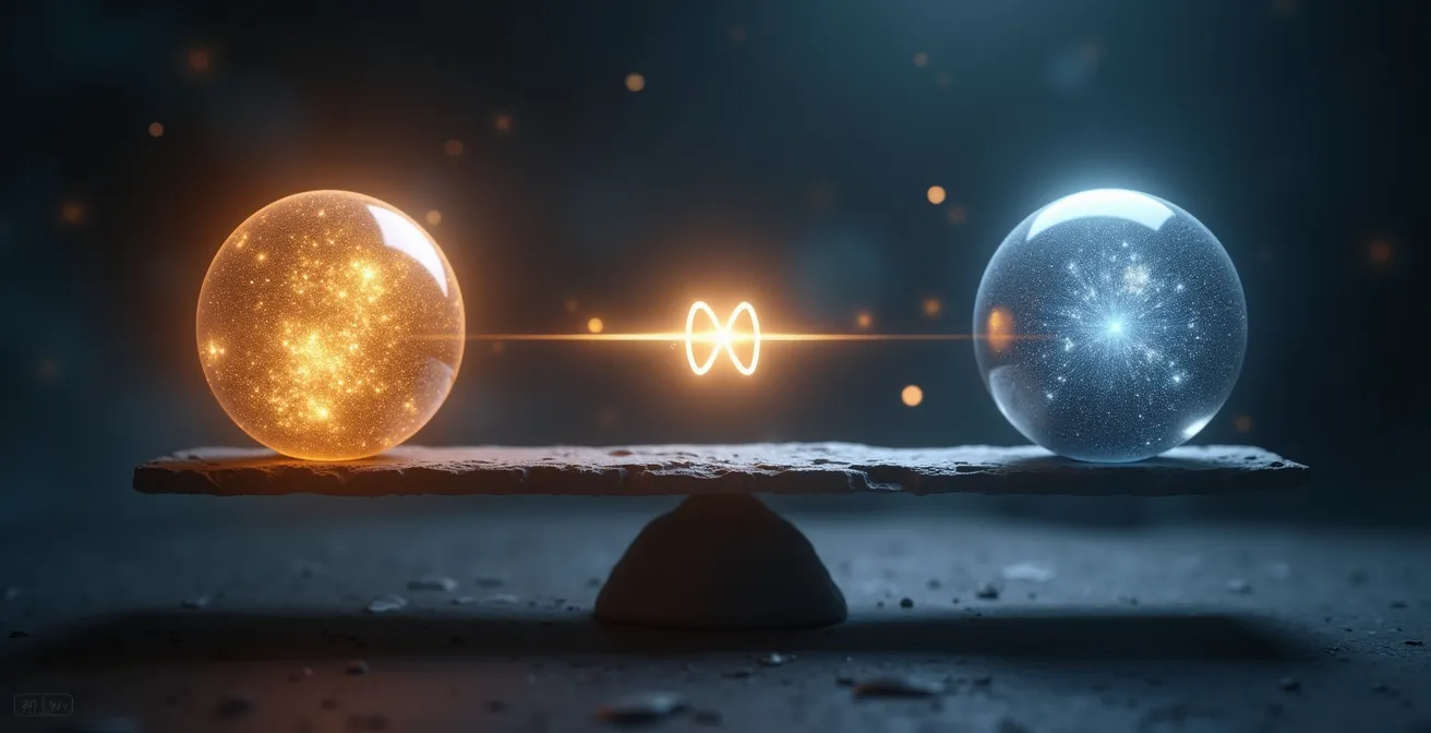Balance cosmique entre deux sphères lumineuses représentant le moi et l'autre dans l'espace