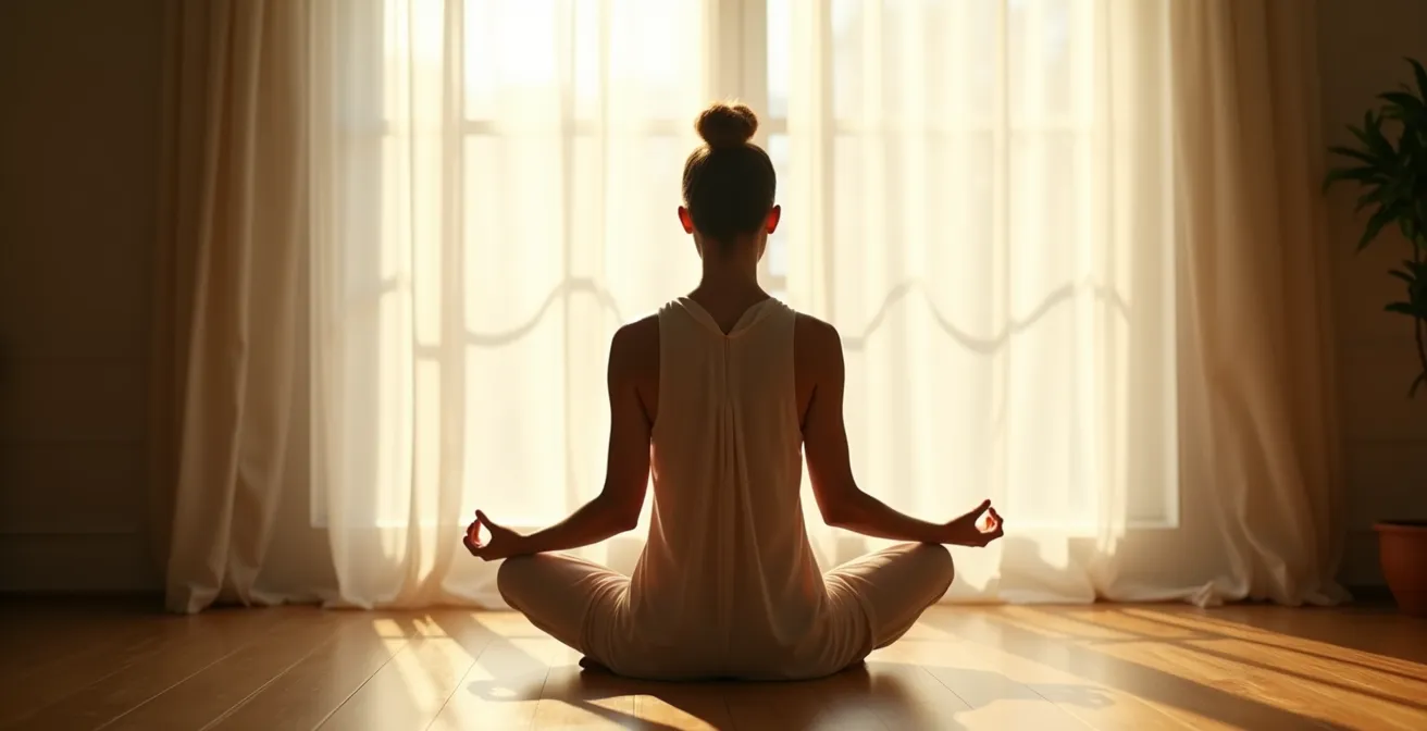 Personne en méditation dans un espace minimaliste avec jeu de lumière et d'ombre créant un équilibre visuel