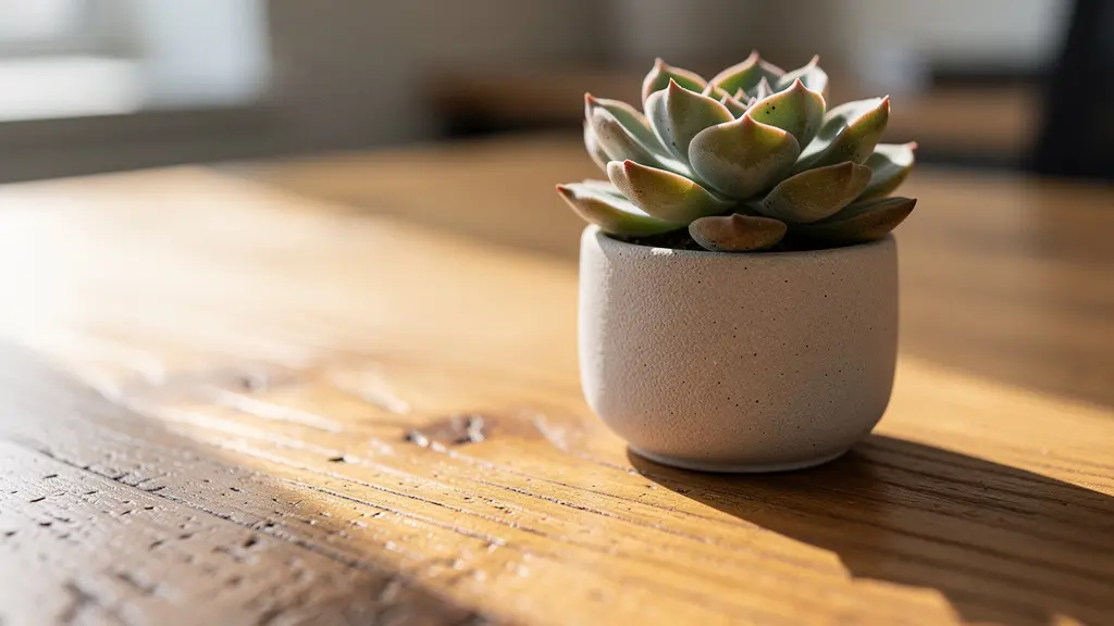 Bureau épuré avec plante verte et lumière naturelle