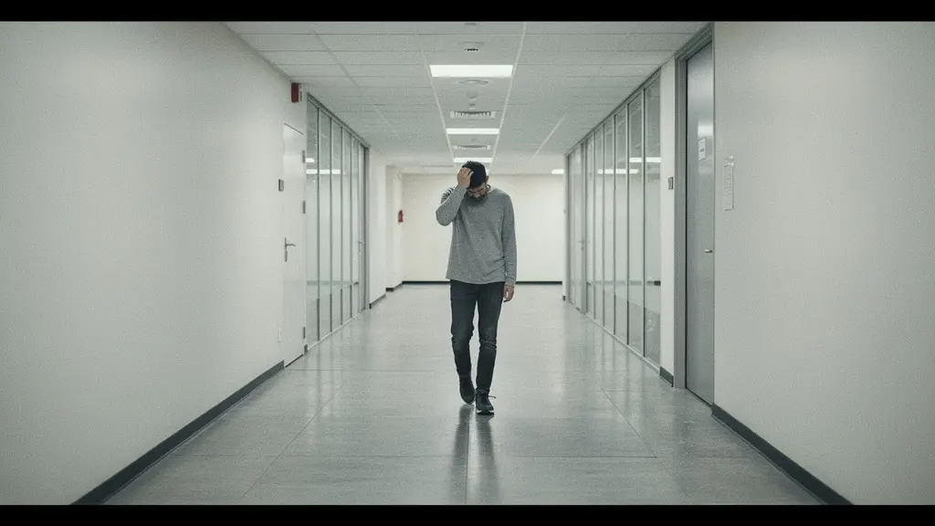 Un couloir intérieur minimaliste et froid, avec une personne qui sort en posture fatiguée, comme si l’air et l’ambiance étaient lourds.