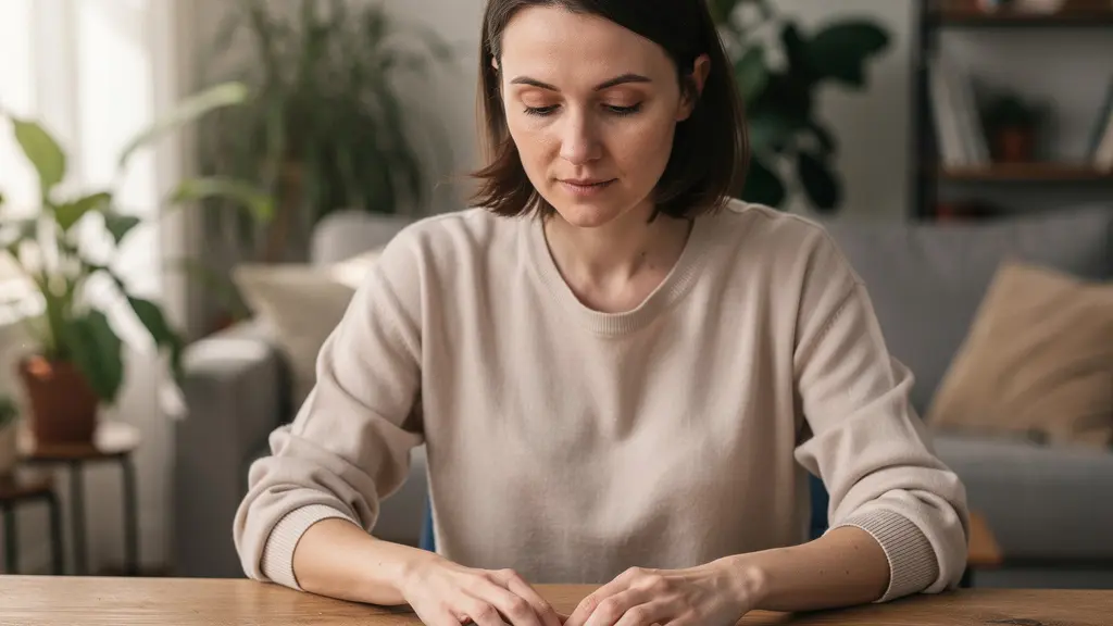 Femme observant un tirage de tarot avec concentration, interprétation des couleurs
