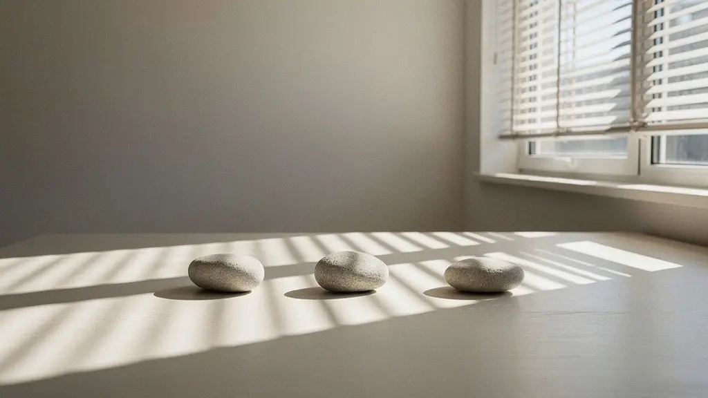 Grande piece minimaliste eclairee par le soleil, avec trois faisceaux de lumiere marquant des moments cles sur une surface sans texte.