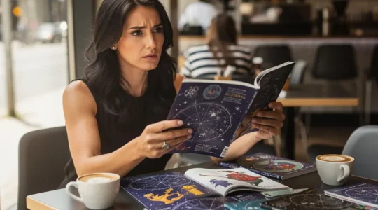 Femme tenant plusieurs magazines d'horoscope avec expression sceptique