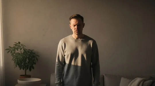 Une personne semble fatiguée dans un intérieur calme, entre une zone de lumière douce et une ombre plus lourde, suggérant un poids émotionnel invisible.