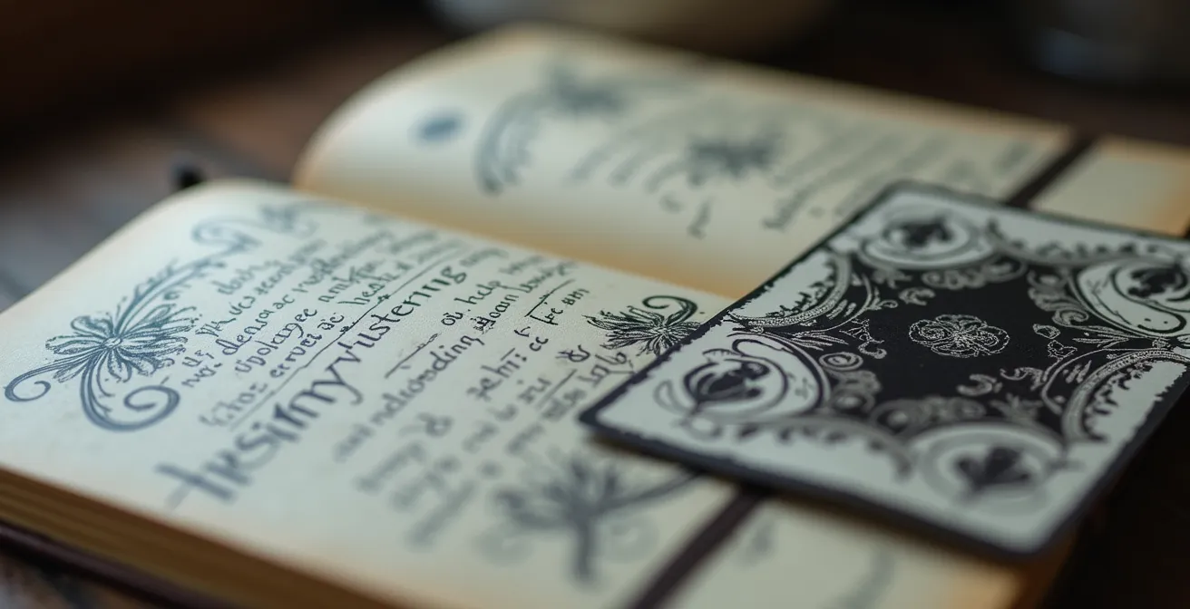 Carnet ouvert avec notes manuscrites floues et carte posée à côté sur table vintage