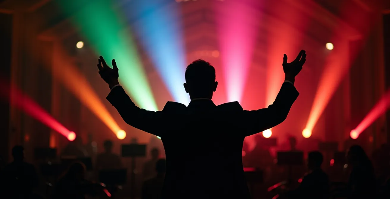 Chef d'orchestre vu de dos dirigeant des rayons lumineux colorés représentant chaque musicien