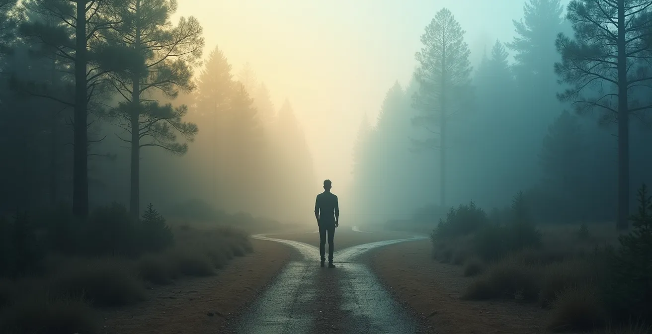 Personne debout à un carrefour naturel avec plusieurs chemins lumineux possibles