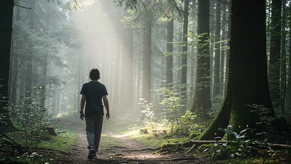 Personne marchant lentement sur un sentier forestier en pleine conscience