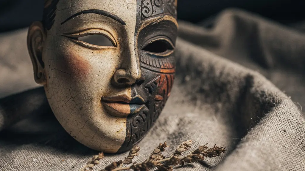 Masque ancien en céramique éclairé d'un côté par une lumière chaude et plongé dans l'ombre de l'autre, symbolisant la dualité des archétypes