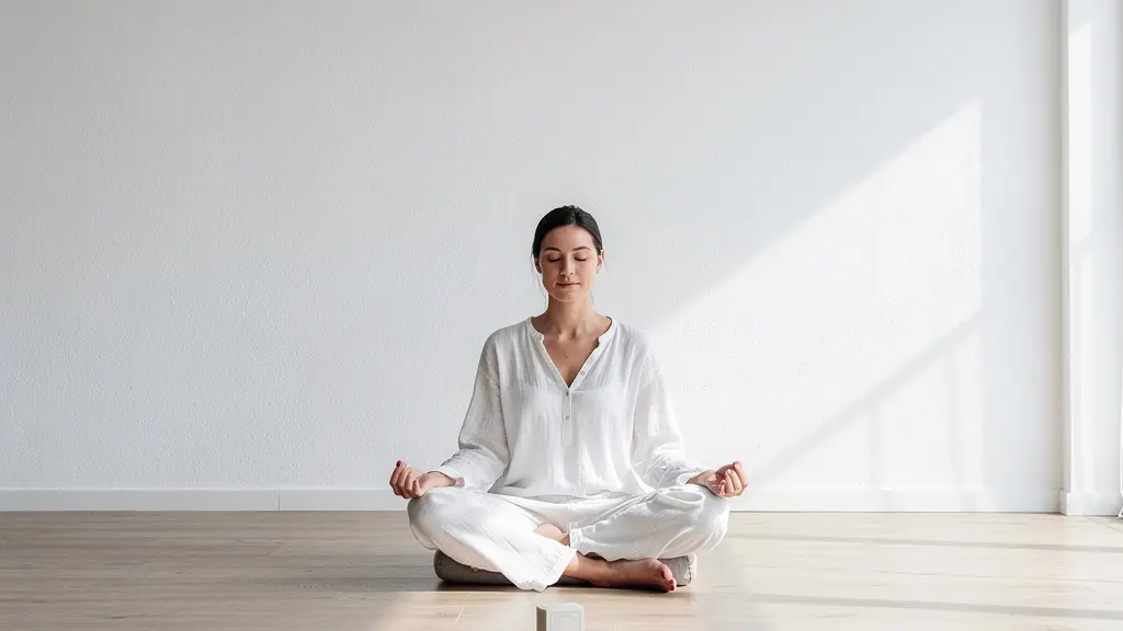 Personne en méditation avec un jeu de tarot posé devant elle dans un espace épuré et lumineux