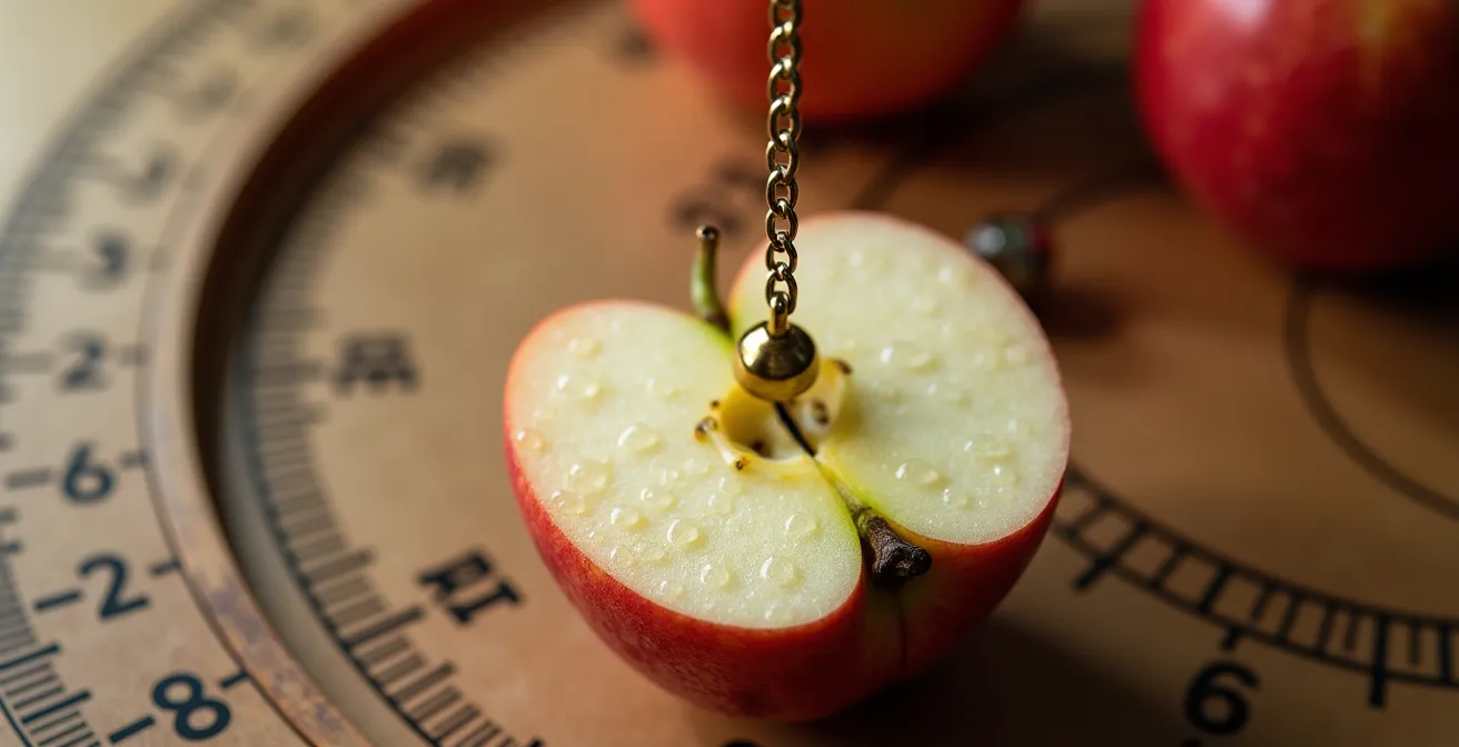 Main tenant un pendule au-dessus d'une pomme fraîche avec une règle de Bovis floue en arrière-plan