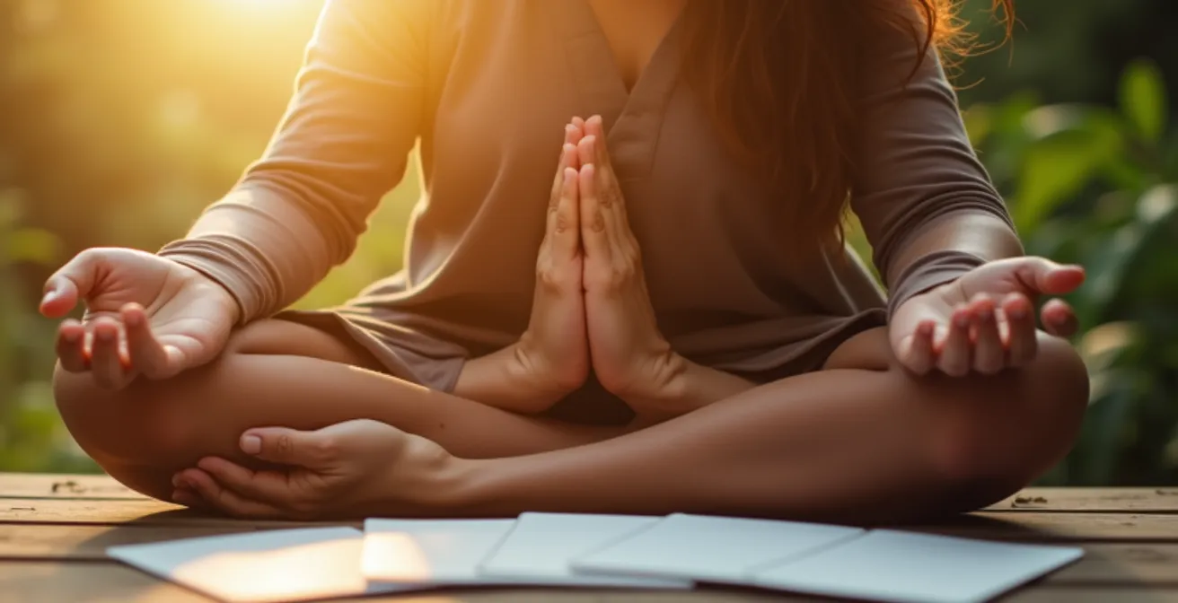 Personne en méditation paisible avec cartes posées devant elle dans une lumière dorée