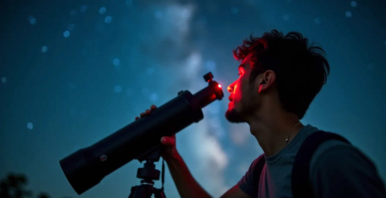 Personne observant le ciel étoilé avec un télescope portable la nuit