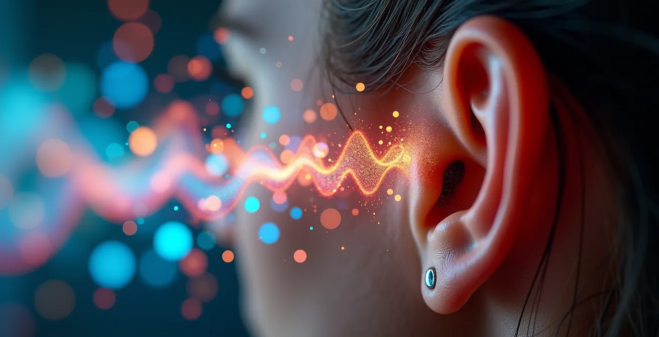 Oreille humaine en macro avec ondes sonores colorées et vibrations énergétiques visibles