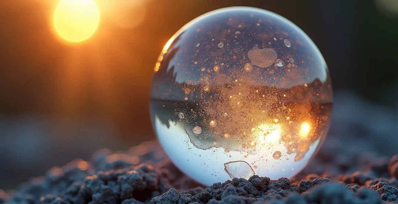 Gros plan macro sur une sphère de cristal reflétant des motifs planétaires abstraits avec des jeux de lumière dorés