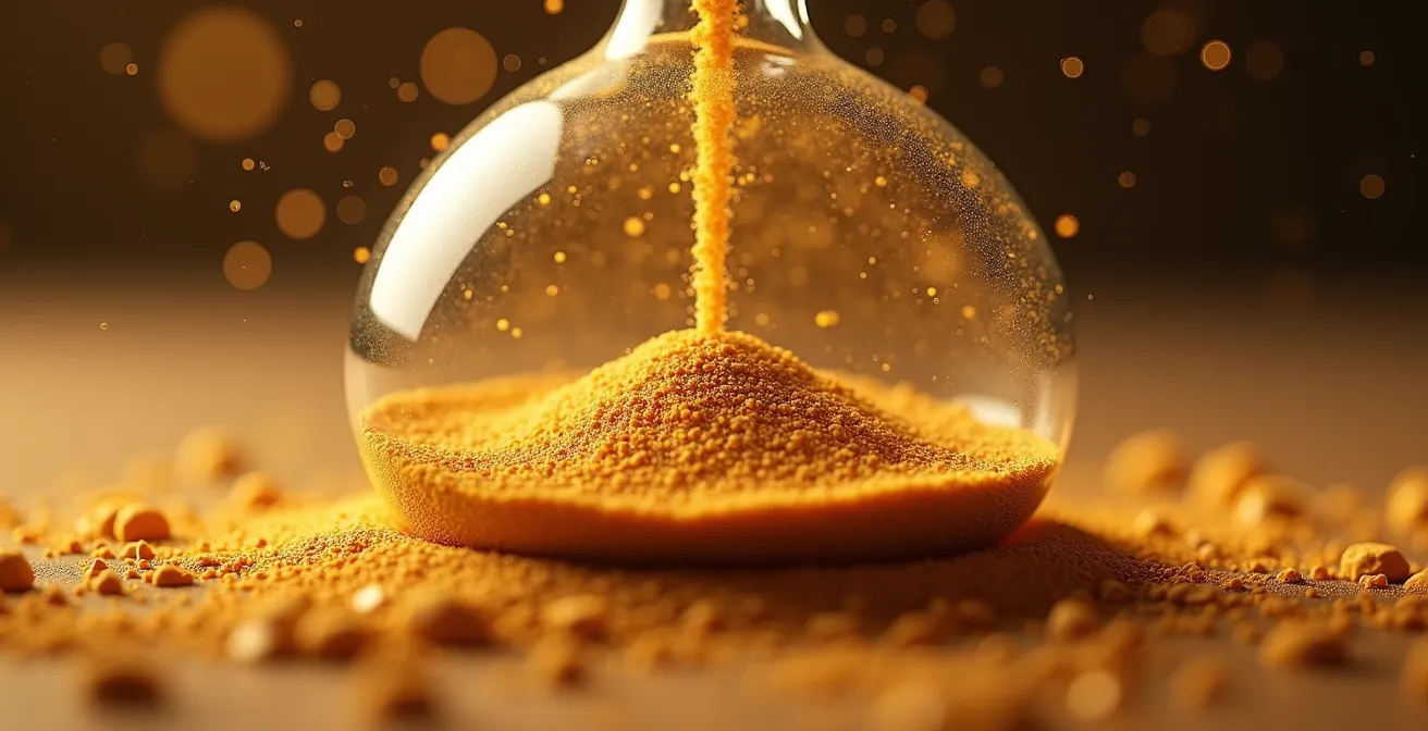 Vue macro d'un sablier avec du sable doré s'écoulant lentement, symbolisant le temps de préparation avant un transit majeur