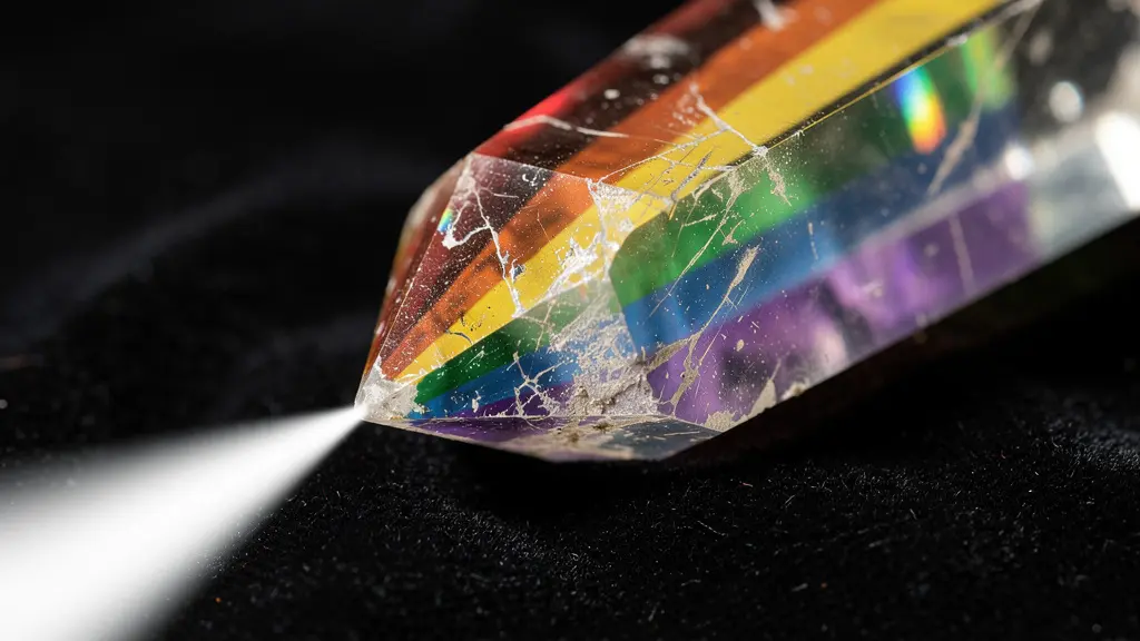 Prisme de cristal décomposant un rayon de lumière blanche en spectre coloré sur fond sombre