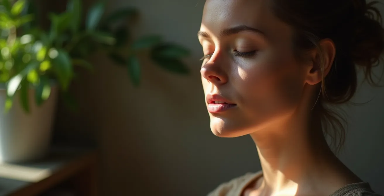 Profil d'une personne en méditation avec représentation abstraite des ondes cérébrales par des jeux de lumière naturelle