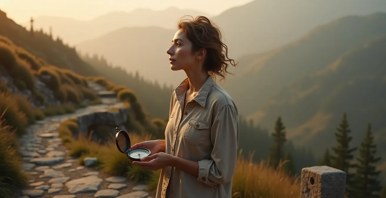 Personne contemplative à la croisée des chemins au crépuscule, symbolisant les choix décisifs de la trentaine