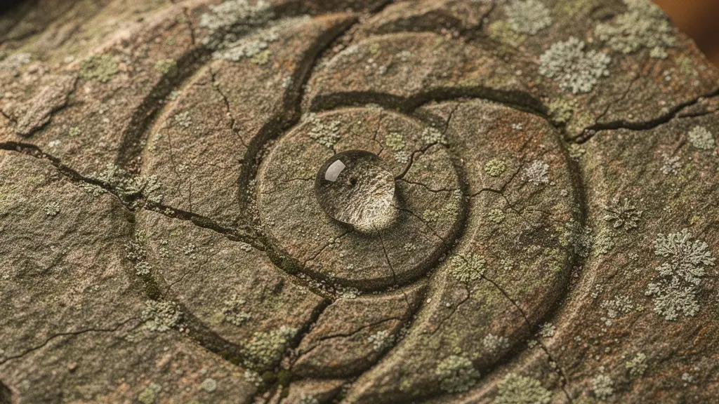 Gros plan macro sur une surface de roche ancienne érodée avec des stries circulaires naturelles évoquant la répétition infinie