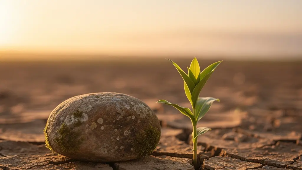 Pierre ronde posee sur un sol craquele avec une pousse verte emergeant a cote, evoquant la renaissance apres l'epuisement