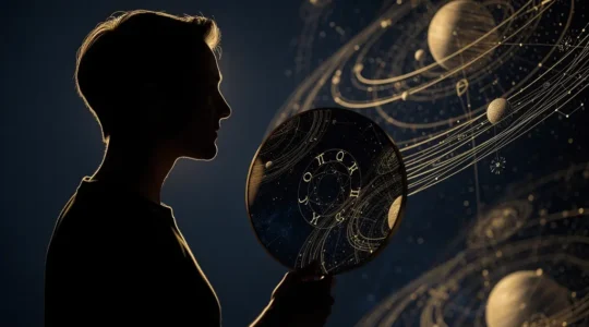 Projection cosmique d'une silhouette humaine entourée de constellations et de planètes en mouvement circulaire