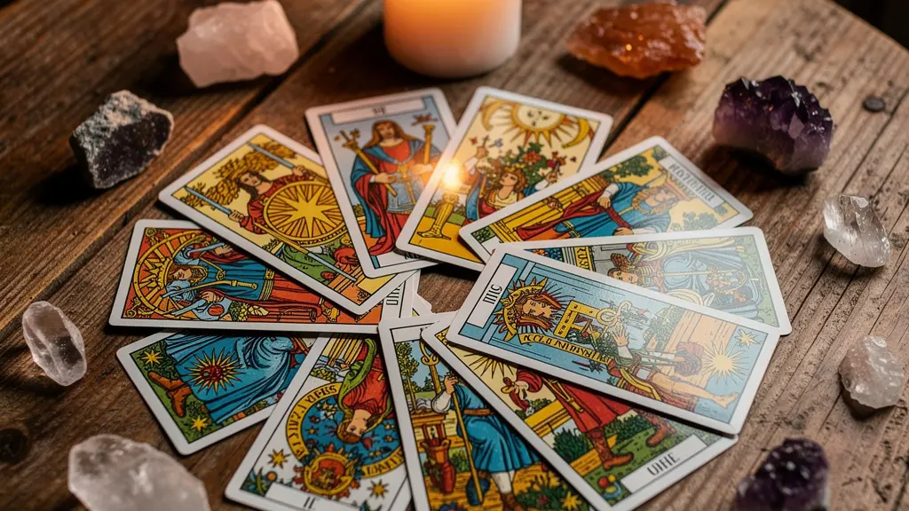 Tirage de tarot coloré étalé sur table en bois avec bougies en arrière-plan