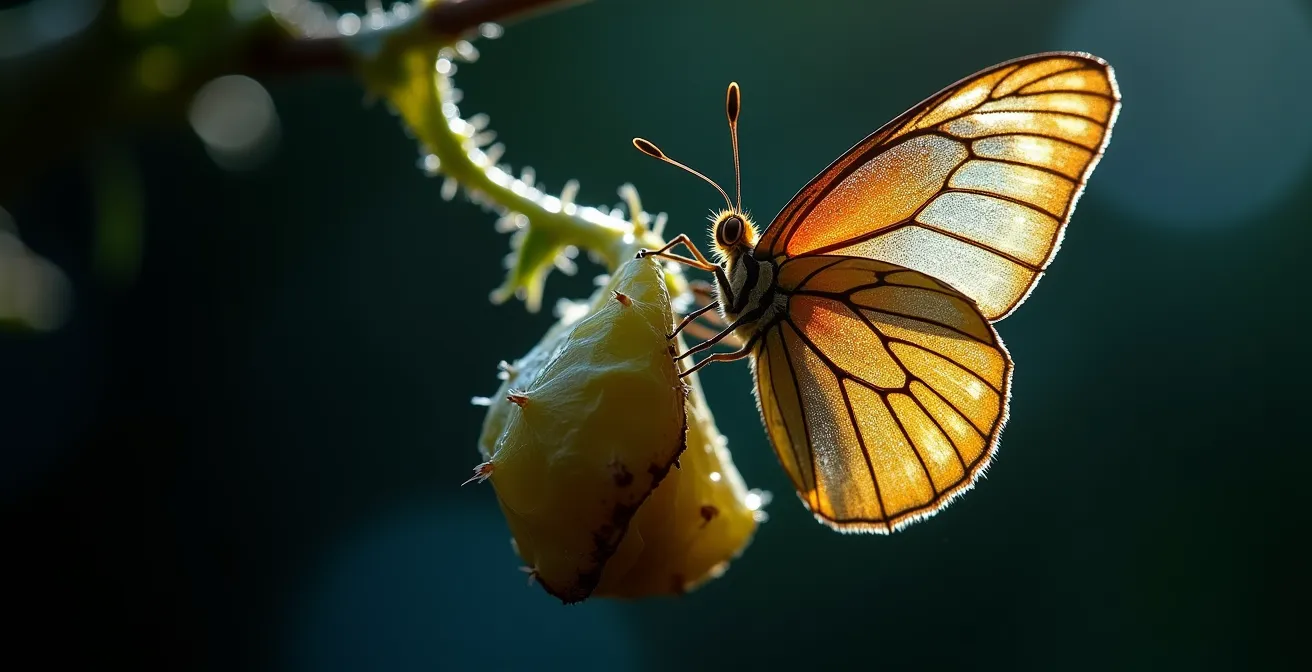 Papillon émergeant de sa chrysalide, symbolisant la transmutation d'une émotion plutonienne.
