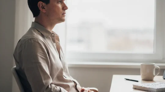 Une personne assise près d’une fenêtre, l’air pensif, dans un espace de travail sobre, avec une grande zone vide dans l’image pour suggérer une recherche de direction professionnelle.