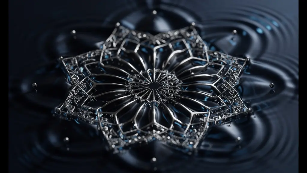 Vue macroscopique artistique d'une onde sonore créant des motifs géométriques parfaits à la surface de l'eau sombre.